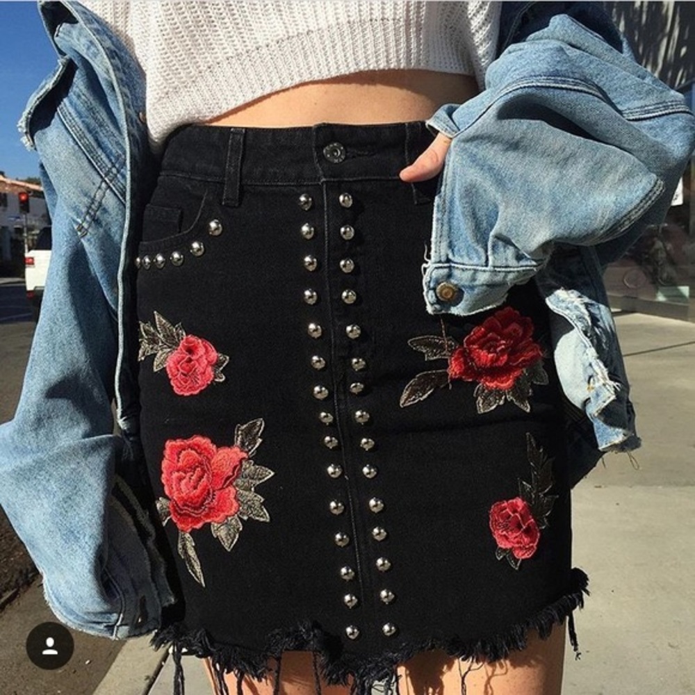 Carmar denim black skirt with floral embroidery